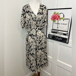 Gerard Darel Black & Cream Floral Midi Dress Size 1/S